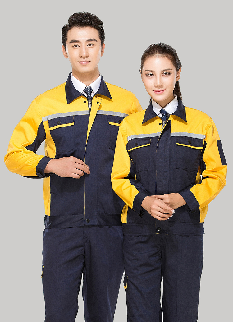 滌棉藏青色拼黃色反光條工作服長袖套裝GZ-DM8015 滌棉藏青色拼黃色反光條工作服長袖套裝GZ-DM8015